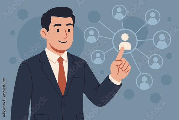 Fototapeta Human resources management concept. Businessman pointing at a network structure of people icons. Metaphor for recruitment, team building, CRM, social networking, and leadership.