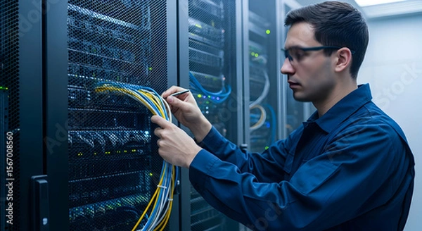 Obraz Technician working with network cables in data center