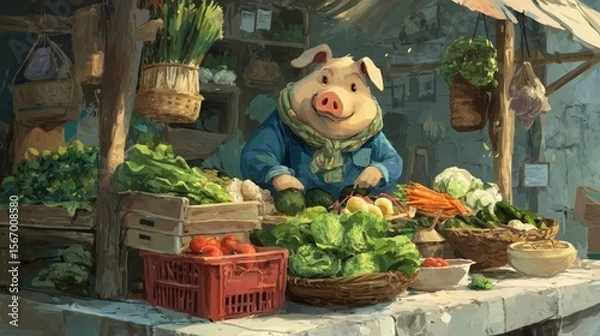 Obraz Whimsical pig selling fresh vegetables at a market stall illustration