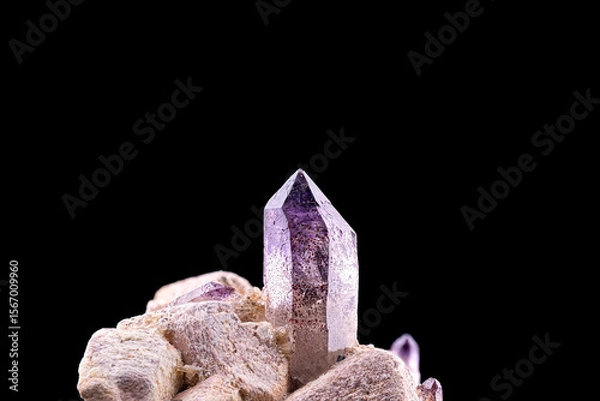 Fototapeta Amethyst, on microcline. Specimen from Erongo region, Namibia. macro photography detail texture background. close-up mineral crystal unpolished semi-precious gemstone