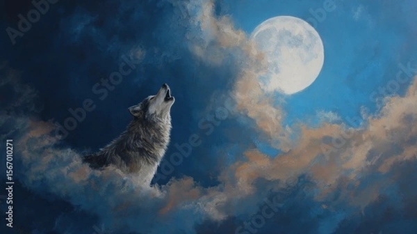 Obraz Wolf howling at a full moon in a dramatic sky