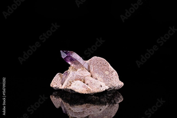 Fototapeta Amethyst, on microcline. Specimen from Erongo region, Namibia. photography isolated on black background. macro detail close-up mineral crystal unpolished semi-precious gemstone