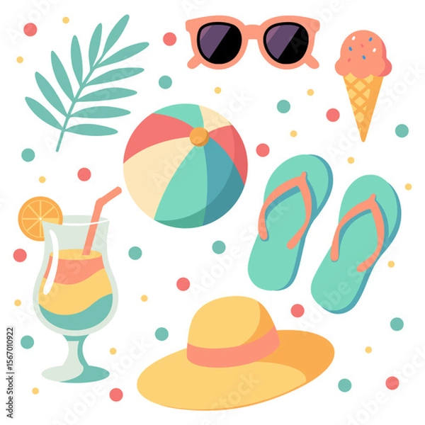 Fototapeta Colorful Summer Beach Elements: Sunglasses, Palm Leaves, Ice Cream, Beach Ball, Flip Flops, Cocktail, Wide-Brim Hat, and Decorative Colorful Dots for Vibrant Holiday and Vacation Design