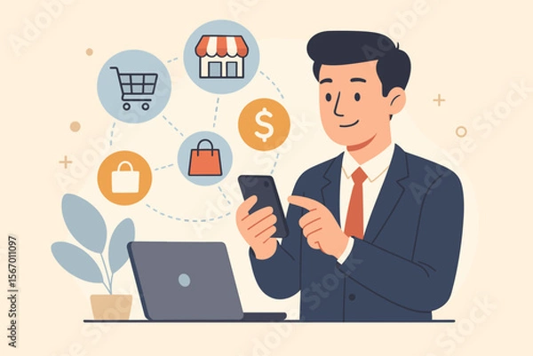 Fototapeta E-commerce business concept. Businessman using smartphone for online shopping and mobile payment. Internet store marketing, digital purchase, and commercial technology illustration.