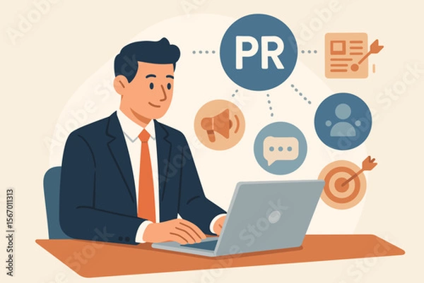 Fototapeta Public relations PR concept with businessman at laptop planning marketing strategy. Man working on communication, advertising, and brand promotion with media icons. Flat vector illustration.