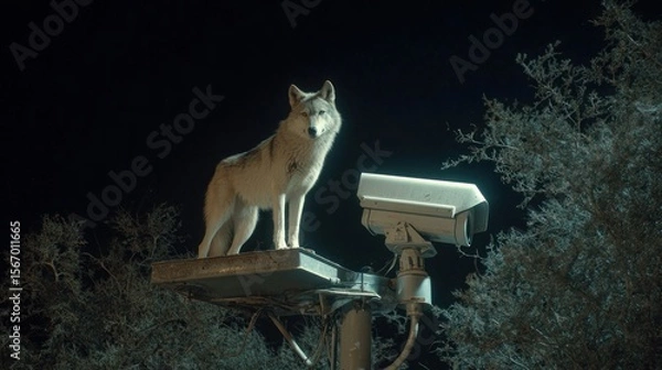 Obraz Wolf stands near surveillance camera in a night scene