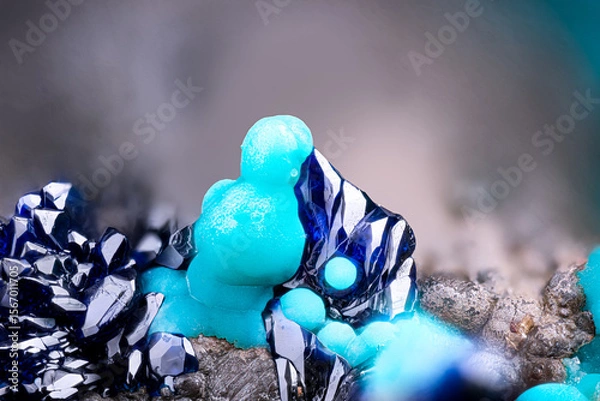 Fototapeta Dark blue Azurite with light blue Rosasite. Specimen from Hilarion Mine, Kamariza, Lavrion, Greece. Micro photography extreme close-up. microscope mineral crystal photography for Scientific use.
