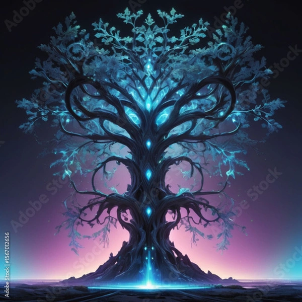 Fototapeta Neon-lit cyberpunk-style tree with holographic leaves and glowing circuitry patterns