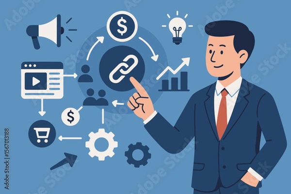Fototapeta Businessman presenting a digital marketing strategy. Sales funnel concept with link building, e-commerce, and promotion icons. Vector illustration for business growth and finance.