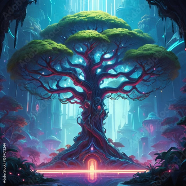 Fototapeta Neon-lit cyberpunk-style tree with holographic leaves and glowing circuitry patterns
