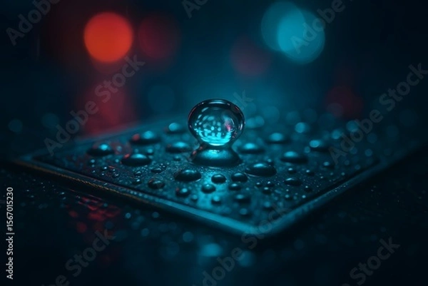 Obraz Extreme close-up of tactile pavement braille marker with raindrops and neon reflections. Shallow DOF showcasing inclusive urban design detail for visually impaired pedestrians.