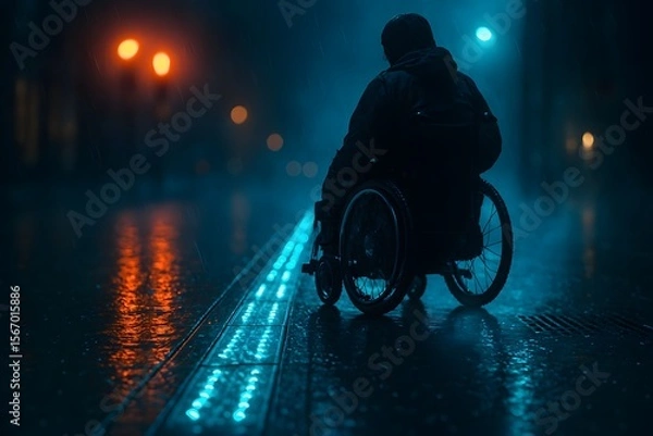 Obraz Wheelchair user following glowing LED-embedded tactile pavement during rainy night. Inclusive urban design with braille markers, cinematic bokeh traffic lights reflecting on wet surface.