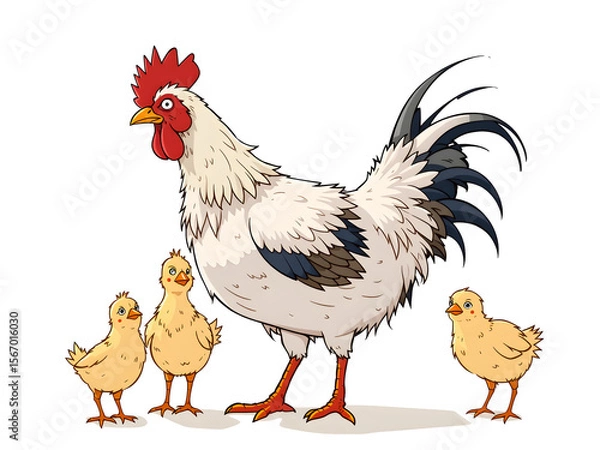 Fototapeta A rooster stands in front of three baby chickens