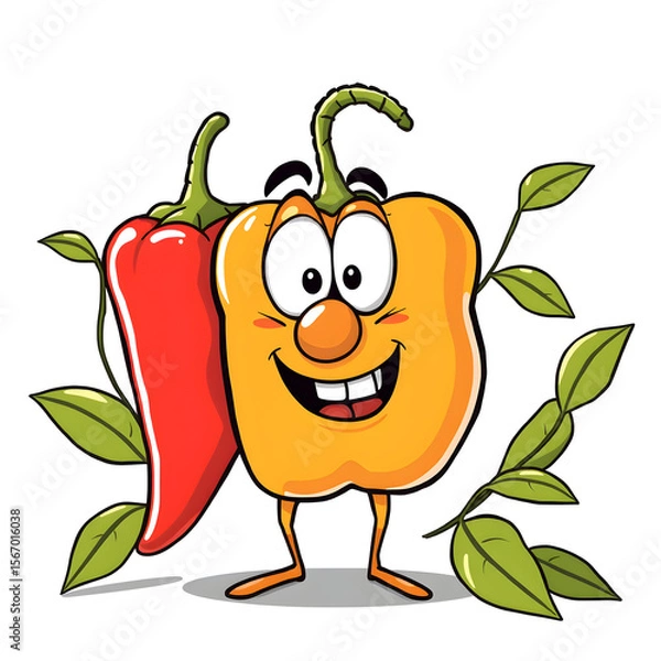 Fototapeta A cartoon pepper is smiling and holding a pepper on its head