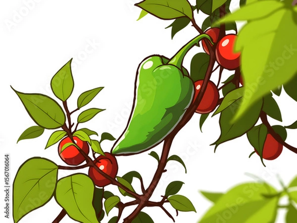 Fototapeta A green pepper is hanging from a tree branch