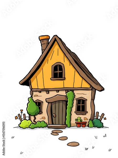 Fototapeta A cartoon house with a green plant in a pot on the front porch