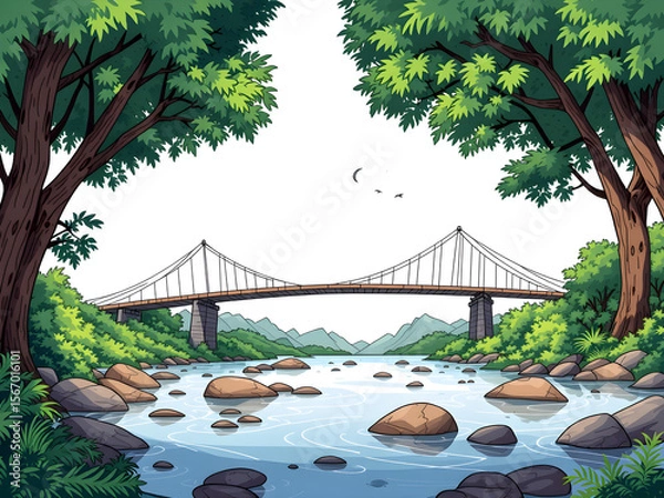 Fototapeta A bridge spans a river with trees on either side