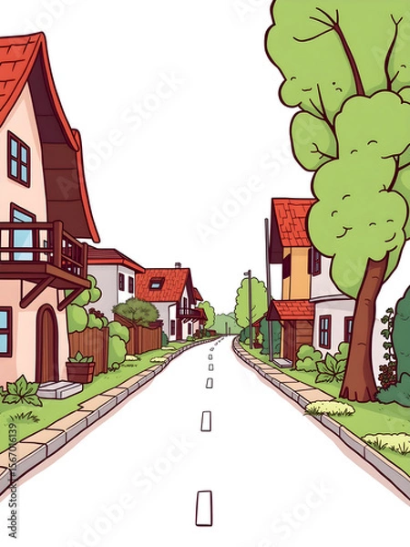 Fototapeta A cartoon drawing of a street with houses on either side