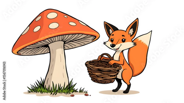 Fototapeta A cartoon fox is holding a basket and standing next to a mushroom