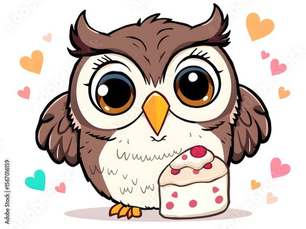 Fototapeta A cute owl is holding a cake with a heart on it