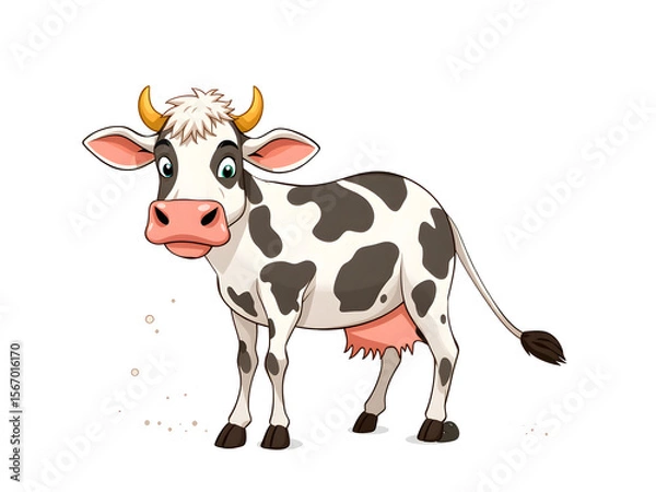 Fototapeta A cartoon cow with a white face and black spots stands in a field of dirt