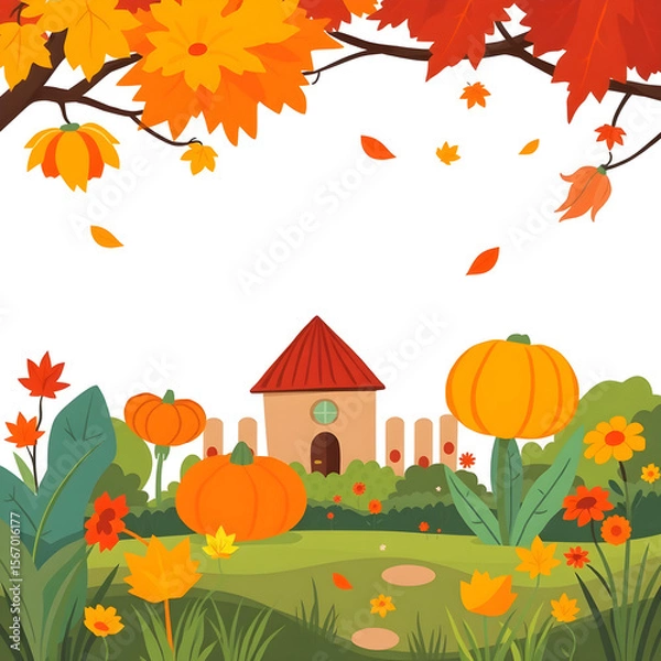 Fototapeta A colorful autumn scene with a house and a fence in the background
