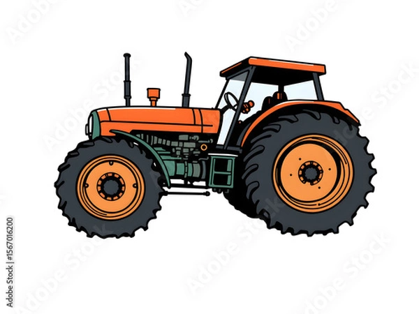Fototapeta A cartoon drawing of a tractor with orange tires