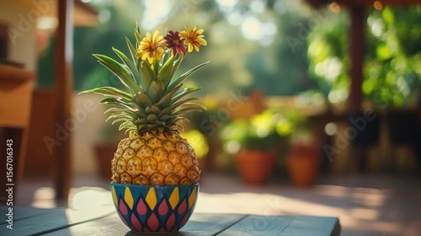 Fototapeta A whimsical inspired depiction of image of a pineapple plant in a colorful pot on a patio