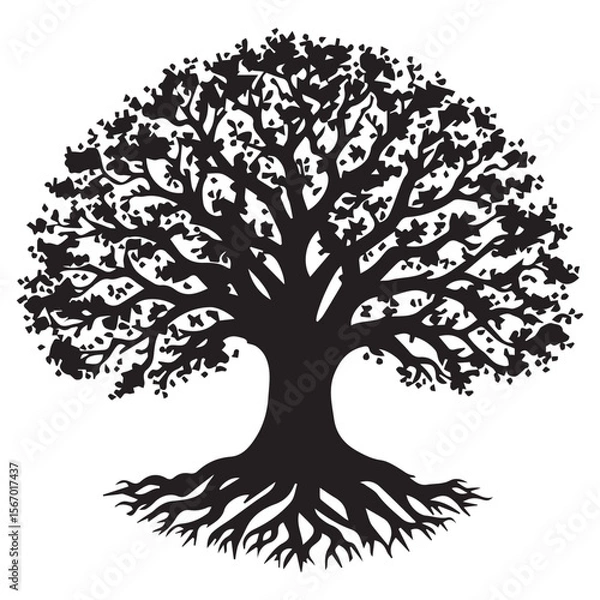 Fototapeta Stylized black silhouette of a large tree with visible roots and a full canopy