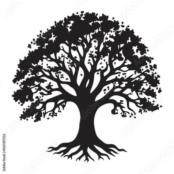 Fototapeta Stylized black silhouette of a large tree with visible roots and a full canopy