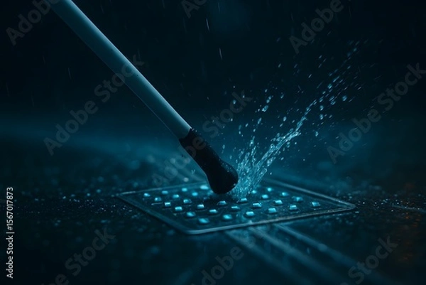 Obraz High-speed capture of white cane contacting textured pavement during rain. Water splash dynamics, motion blur showcasing navigation aid for visually impaired.