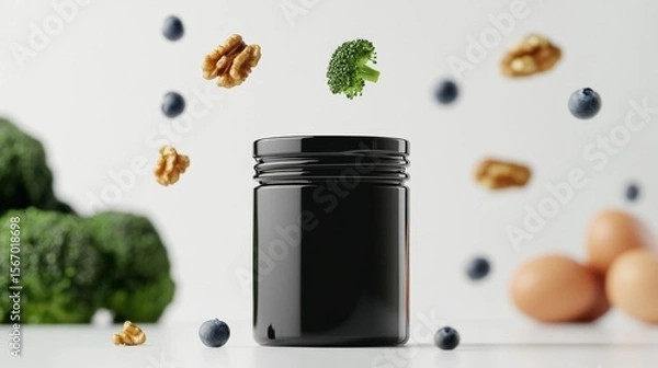 Fototapeta a small plastic black jar mockup awith black lid while some brocoli, walnuts, blueberries, eggs, salamon flying in the background against a white background , studio photography, product photography, 