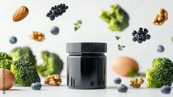 Fototapeta a small plastic black jar mockup awith black lid while some brocoli, walnuts, blueberries, eggs, salamon flying in the background against a white background , studio photography, product photography, 