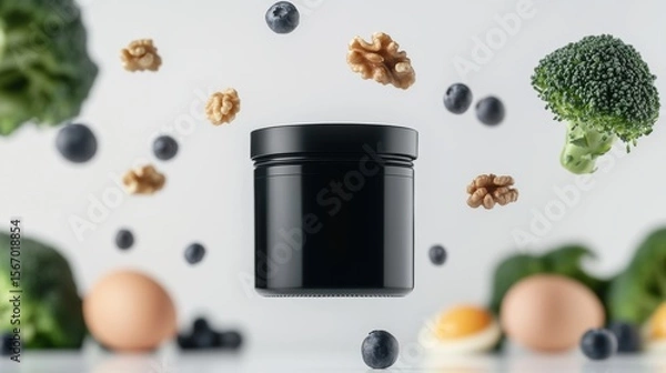 Fototapeta a small plastic black jar mockup awith black lid while some brocoli, walnuts, blueberries, eggs, salamon flying in the background against a white background , studio photography, product photography, 