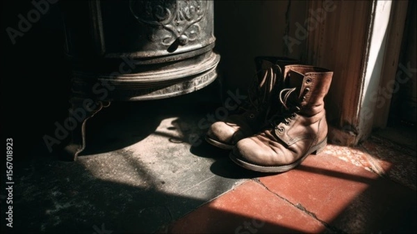 Obraz Worn leather boots by rustic stove