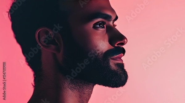 Fototapeta An actor beautifully crafted laughing joyfully, capturing a moment of authenticity. Pink background,