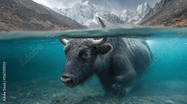 Obraz Yak submerged in clear water with mountains in background wildlife scene