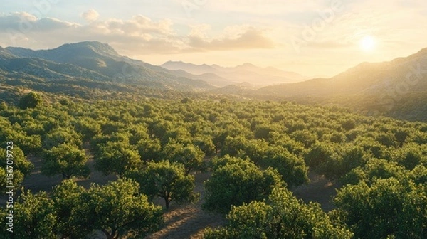 Fototapeta An aerial beautifully crafted view of a lush betal plantation with sunlight filtering through the leaves