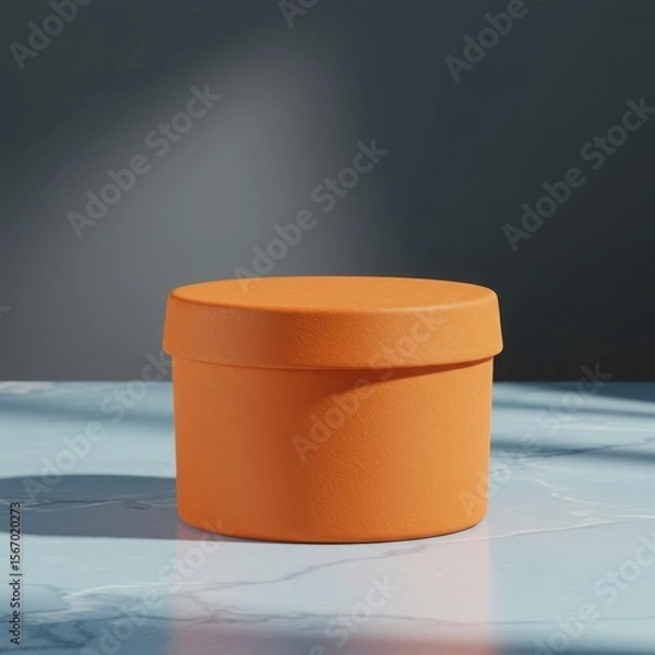 Fototapeta Minimalist orange cylinder podium with soft shadows and dappled light on a marble surface