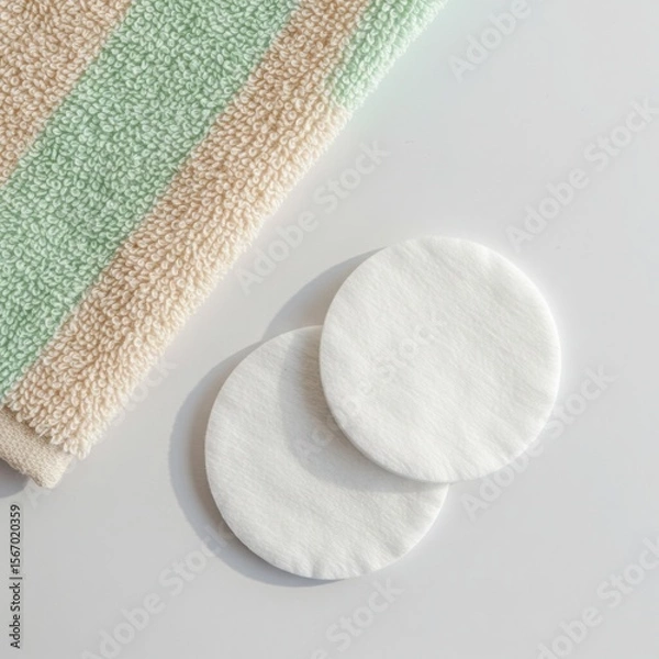 Fototapeta Soft cotton pads and a striped terry cloth towel laid on a clean white surface with soft shadows