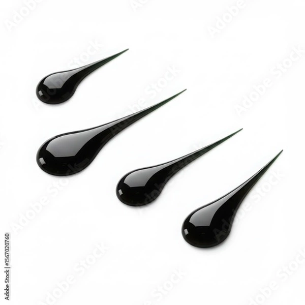 Fototapeta Four glossy black drops with elongated pointed tails arranged diagonally on a clean white background