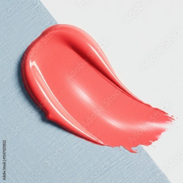 Fototapeta A vibrant coral lipstick swatch with a glossy finish is artfully swiped across a textured pale blue surface against a clean white background