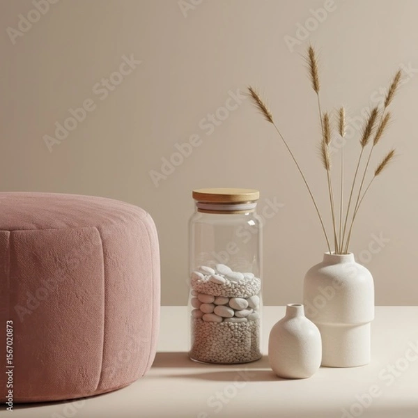 Fototapeta Soft pink ottoman and textured white vases with dried wheat stalks and pebbles in a glass jar