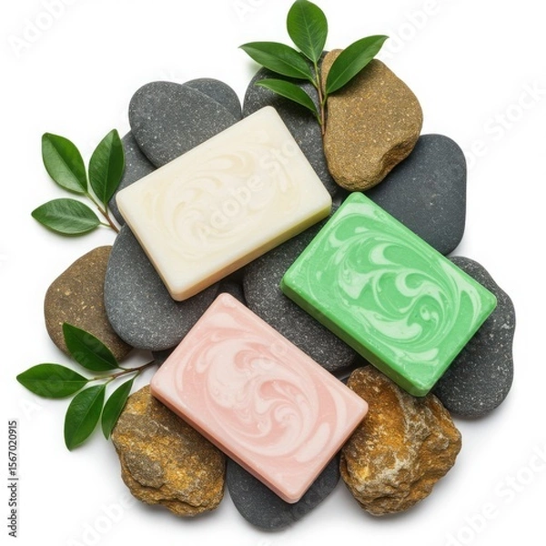 Fototapeta Three colorful artisanal soaps resting on smooth river stones with fresh green leaves for a natural spa aesthetic