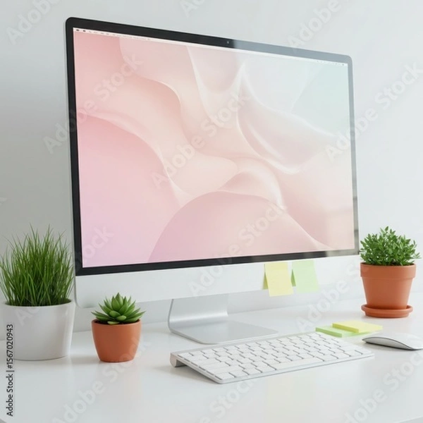 Fototapeta Modern minimalist desk setup with a sleek computer keyboard mouse and potted plants on a white surface