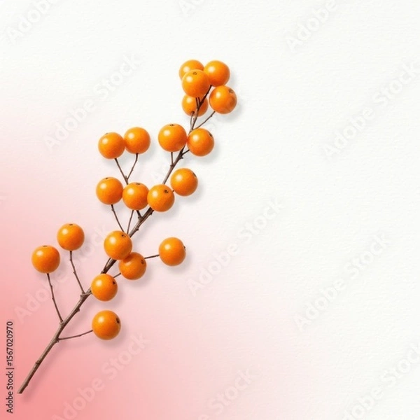 Fototapeta A delicate branch with bright orange berries rests against a soft white and pink gradient background