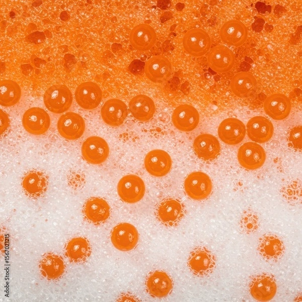 Fototapeta Macro close up of bright orange bubbles and foam on a textured surface creating a vibrant abstract pattern