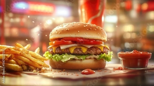 Fototapeta An artistic inspired depiction of image of a Zinger burger with a side of fries and sauces