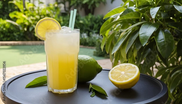 Fototapeta Glass Jar of Lemonade with Ice and Mint on Blurred Garden Background