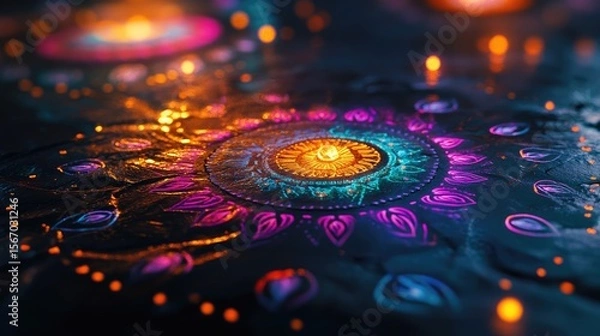 Fototapeta An enchanting inspired depiction of image of rangoli with colorful lights reflecting on it